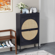 Shoe Rack Storage Organizer with 2 Natural Semi-Circular Rattan Doors, Entryway Wooden Shoe Cabinet for Sneakers, Leather Shoes