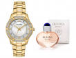 Bulova Women's Quartz Crystal Accent Gold 32mm Watch Perfume Set 98L256