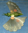 Antique green blown / spun glass moth ornament, silvery wings, red & white spots