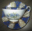 Vtg Paragon bone china tea cup & saucer, blue & gold Cornflower pattern