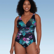 Aqua Green Women's One Piece Swimsuit Swimwear Black Floral Waist