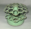 Antique 3 tier green painted metal flower frog, hexagon shape w round base