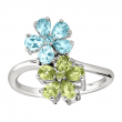 Finecraft Blue Topaz & Peridot Flower Ring in Rhodium-Plated Silver, Size 7